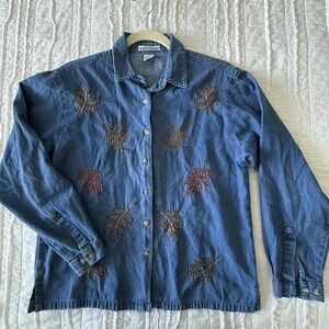 Maggie&Max Denim Shirt Embroidered Fall Leaves Harvest Boxy PL Button Front